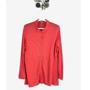 J. JILL Size Large Stretch Jersey Button Up Tunic Top Orange Red Career Pima